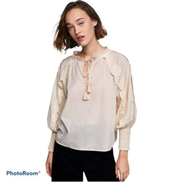 NWT- Zara women’s Ruffle/Eyelet Long Sleeve Size Small, Peach, Tassel Tie - Picture 1 of 8